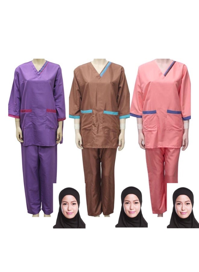 طقم بدلة طبية للخادمة والمربية مكون من 3 قطع و 3 حجابات - Image 1