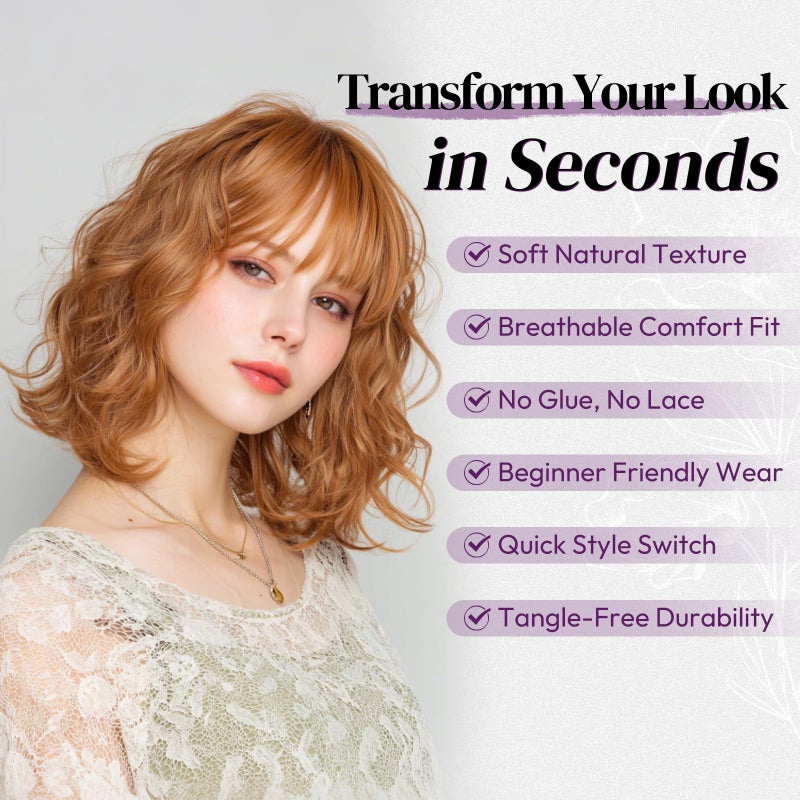 BARSDAR Natural Red Short Wavy Wig with Bangs - Short Wavy Ginger Auburn Wig for Women - Curly Wavy Textured French Bob Wigs with Bangs Soft Synthetic Natural Looking Face-Framing Daily - Image 4
