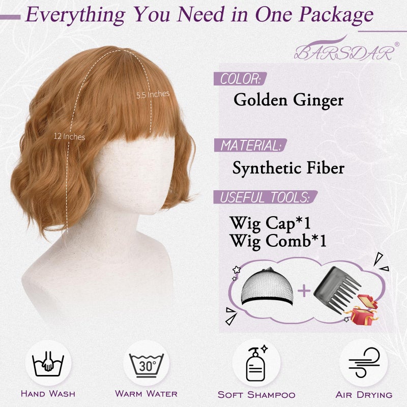 BARSDAR Natural Red Short Wavy Wig with Bangs - Short Wavy Ginger Auburn Wig for Women - Curly Wavy Textured French Bob Wigs with Bangs Soft Synthetic Natural Looking Face-Framing Daily - Image 2