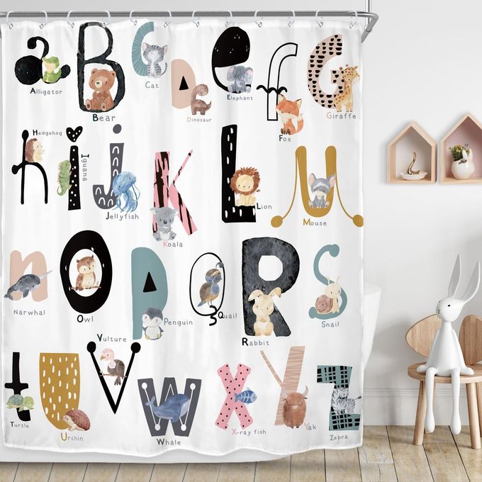 KIDS ABC LEARNING ALPHABET SHOWER CURTAIN FOR BATHROOM DECOR 60WX72H EDUCATIONAL STUDY BOYS BABY CHILDREN FUNNY LARGE A TO Z ART PRINTED FABRIC POLYESTER WATERPROOF 12 PACK PLASTIC HOOKS