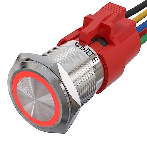 APIELE 19mm Momentary Push Button Switch On Off Stainless Steel with 12V LED Angel Eye Head for 19mm 3/4 Mounting Hole with Wire Socket Plug Self-Reset (Red) - Image 1