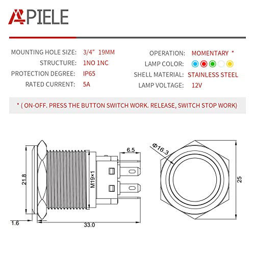 APIELE 19mm Momentary Push Button Switch On Off Stainless Steel with 12V LED Angel Eye Head for 19mm 3/4 Mounting Hole with Wire Socket Plug Self-Reset (Red) - Image 2
