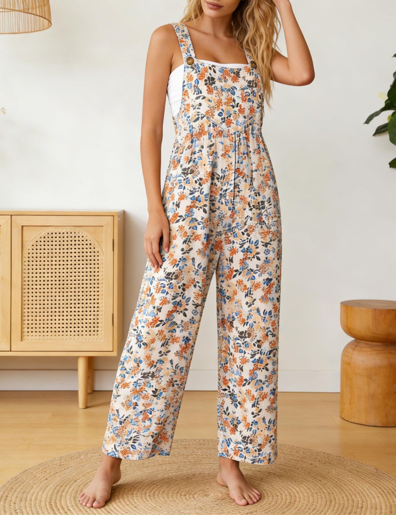 Himosyber Women's Patchwork Dual Pocket Jumpsuit Loose Floral Print Bohemian Wide Leg Bib Overall (FloralYellow-L) - Image 4