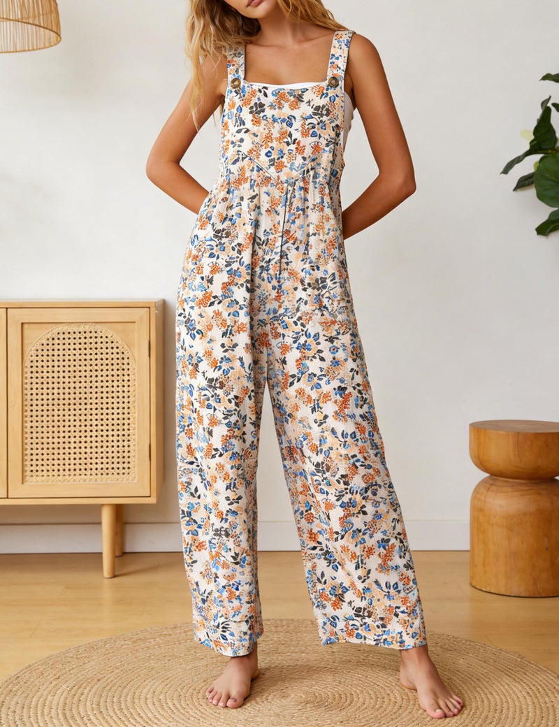 Himosyber Women's Patchwork Dual Pocket Jumpsuit Loose Floral Print Bohemian Wide Leg Bib Overall (FloralYellow-L) - Image 3