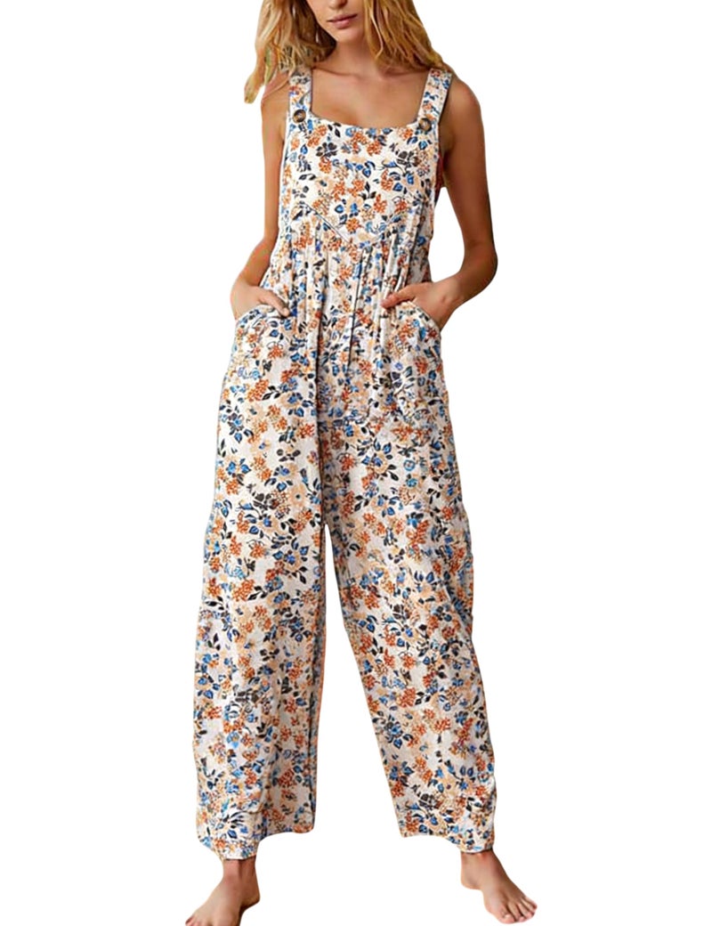 Himosyber Women's Patchwork Dual Pocket Jumpsuit Loose Floral Print Bohemian Wide Leg Bib Overall (FloralYellow-L) - Image 1