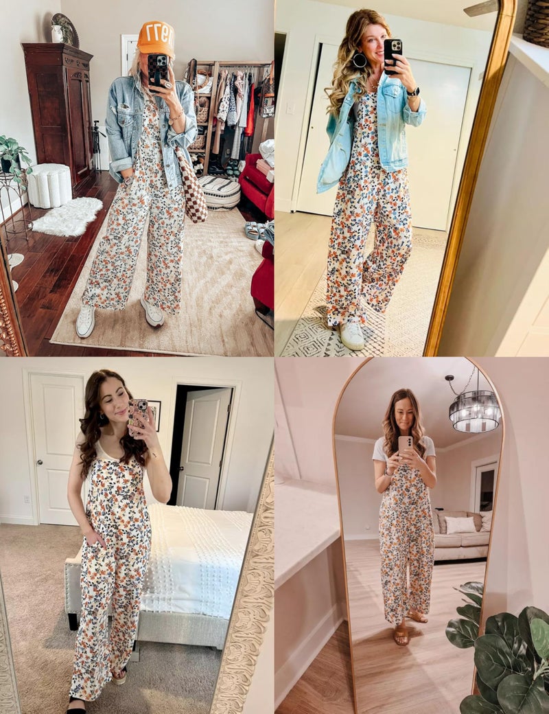 Himosyber Women's Patchwork Dual Pocket Jumpsuit Loose Floral Print Bohemian Wide Leg Bib Overall (FloralYellow-L) - Image 2