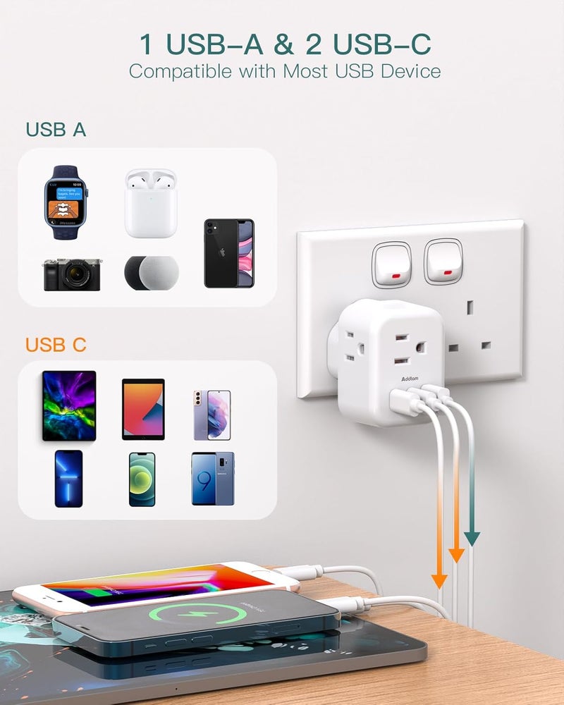 Addtam US to UK Ireland Plug Adapter, Type G Power Adapter with 3 AC Outlets and 3 USB(1 USB C), Travel Essentials for USA to Dubai Scotland British London England Hong Kong Irish - Image 5