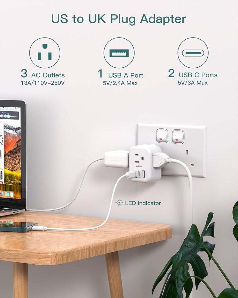 Addtam US to UK Ireland Plug Adapter, Type G Power Adapter with 3 AC Outlets and 3 USB(1 USB C), Travel Essentials for USA to Dubai Scotland British London England Hong Kong Irish - Image 2