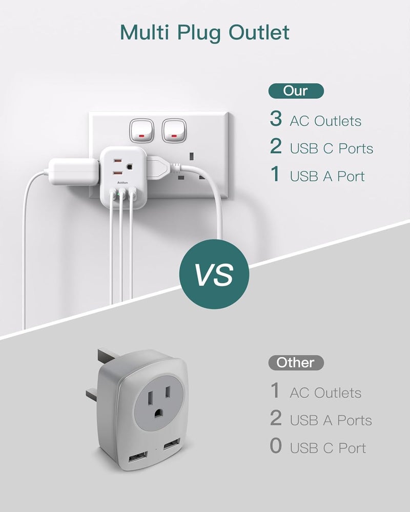 Addtam US to UK Ireland Plug Adapter, Type G Power Adapter with 3 AC Outlets and 3 USB(1 USB C), Travel Essentials for USA to Dubai Scotland British London England Hong Kong Irish - Image 3