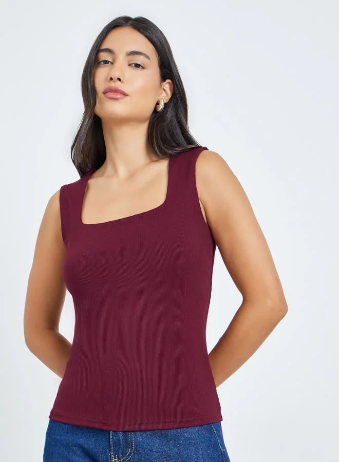 Styli Burgundy Square Neck Fitted Knit Top