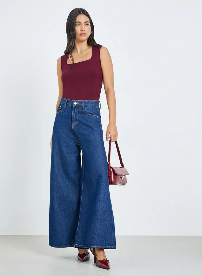 Styli Burgundy Square Neck Fitted Knit Top