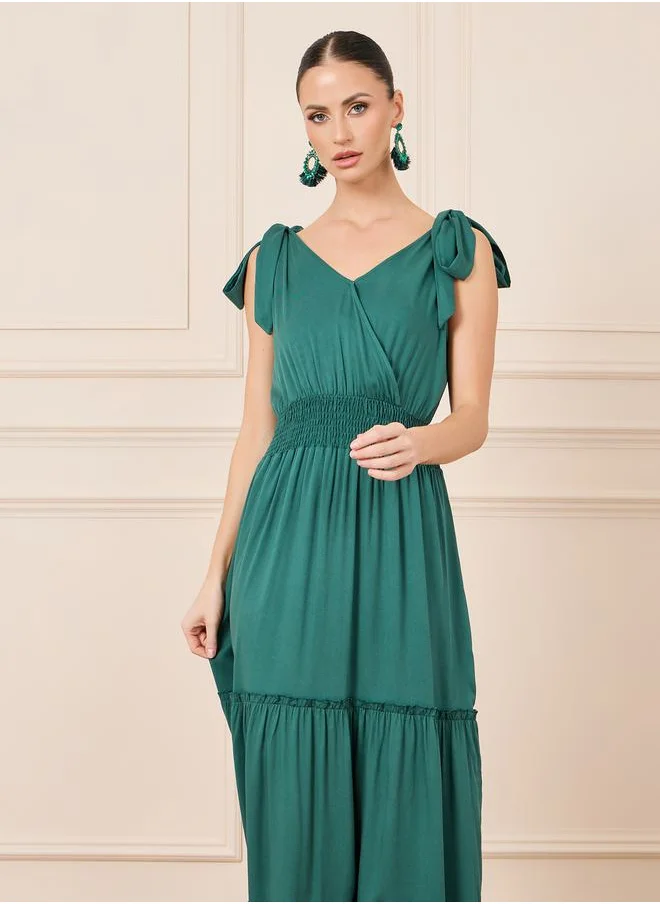 Styli Smocked Waist Tie Sleeves Tiered Maxi Dress