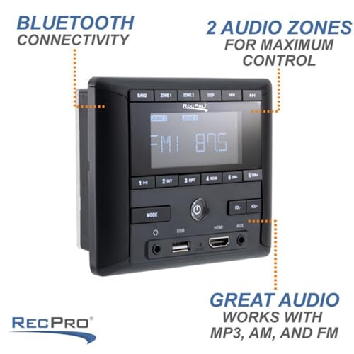 RecPro RV Stereo AM/FM Radio with Bluetooth | Aux-in | HDMI | 4-Channel Audio | 2 Zones | RV Sound System - Image 4