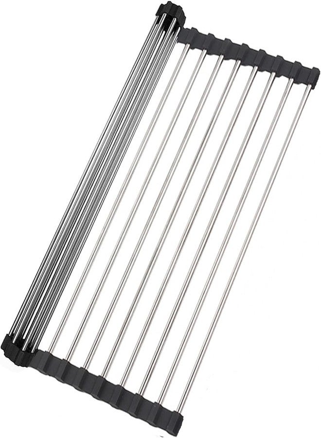 Alark Roll Up Dish Drying Rack Over The Sink Foldable Dish Drying Rack Stainless Steel Drainer for Utensils Fruits & Vegetables Multipurpose Dish Drainer Rack for Kitchen Countertop (Large, Black) - Image 1