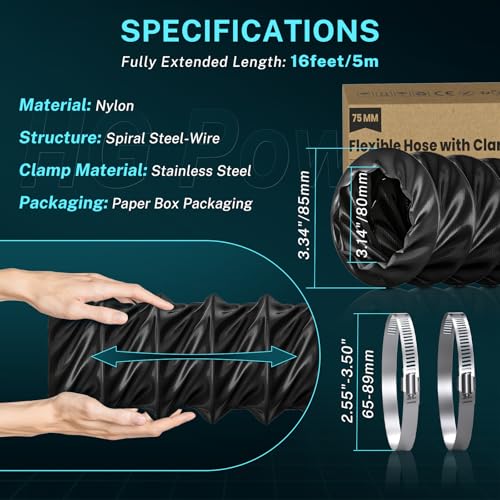 HG Power 3 Inch 16 Feet Vent Hose, Nylon Flexible Duct Hose, Heavy Duty Hose with 2 Clamps for HVAC, RV, Boat Blower, Bathroom Exhaust, Kitchen Exhaust Air Black - Image 4