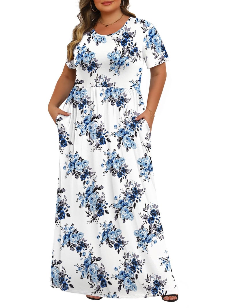 Tencede Womens Plus Size Maxi Dresses Summer 2026 Casual Short Sleeve with Pockets Long Dress Blue Rose 3X - Image 1