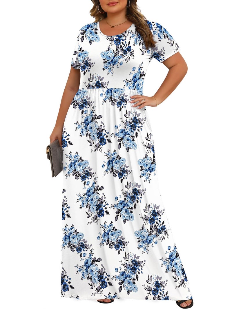 Tencede Womens Plus Size Maxi Dresses Summer 2026 Casual Short Sleeve with Pockets Long Dress Blue Rose 3X - Image 3
