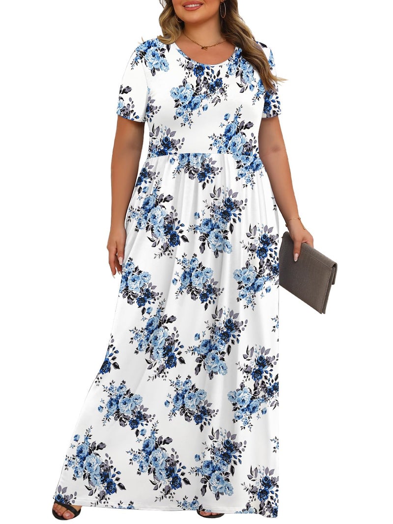 Tencede Womens Plus Size Maxi Dresses Summer 2026 Casual Short Sleeve with Pockets Long Dress Blue Rose 3X - Image 2