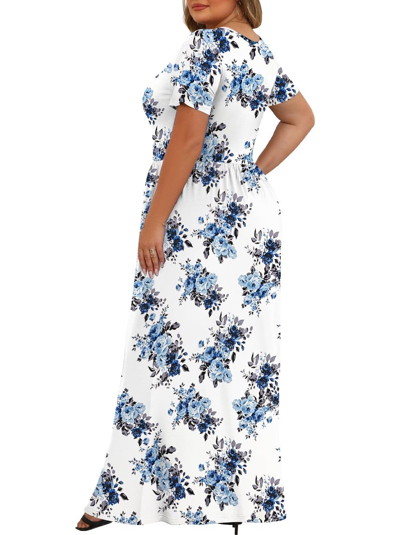 Tencede Womens Plus Size Maxi Dresses Summer 2026 Casual Short Sleeve with Pockets Long Dress Blue Rose 3X - Image 4