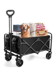 Dida-cosmos  Carts Foldable with Cargo Net&Adjustable Handle,Foldable Collapsible Wagon 150 Lbs Capacity with Wheels & Drink Holders,Utility Folding Wagon Cart for Grocery,Garden,Beach,Camping（black）