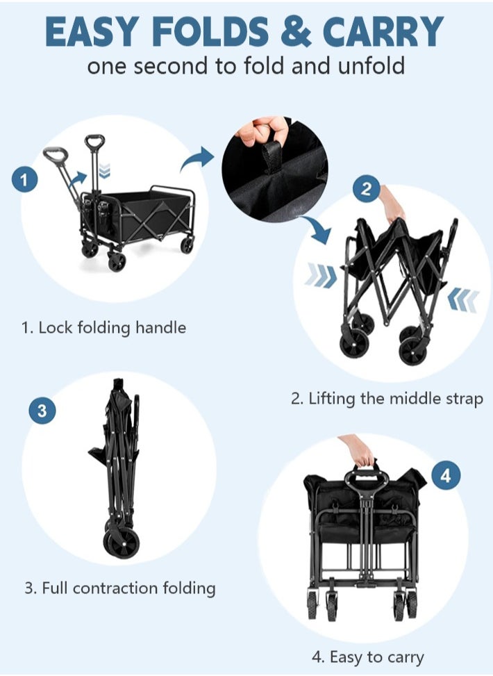 dida-cosmos - Dida-cosmos  Carts Foldable with Cargo Net&Adjustable Handle,Foldable Collapsible Wagon 150 Lbs Capacity with Wheels & Drink Holders,Utility Folding Wagon Cart for Grocery,Garden,Beach,Camping（black） - Image 1