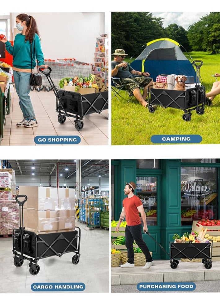 dida-cosmos - Dida-cosmos  Carts Foldable with Cargo Net&Adjustable Handle,Foldable Collapsible Wagon 150 Lbs Capacity with Wheels & Drink Holders,Utility Folding Wagon Cart for Grocery,Garden,Beach,Camping（black） - Image 1