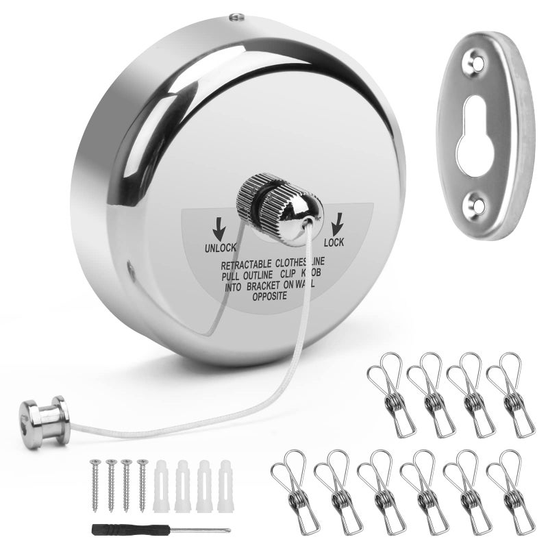 Catcan Retractable Clothesline Stainless Steel Round Clothes Line Retracting Indoor for Hotel Bathroom Laundry with 10 PCS Metal Clothespins Adjustable Rope Shower Clothing Line92FT Nylon String
