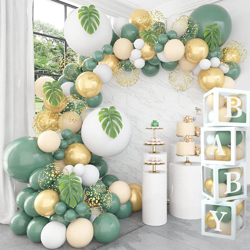 FengRise Sage Green Baby Shower Decorations 4pcs Baby Boxes with Letters for Boy Girl Sage Green and White Balloon Arch Kit Decor Woodland Birthday Party Decorations 117pcs - Image 3