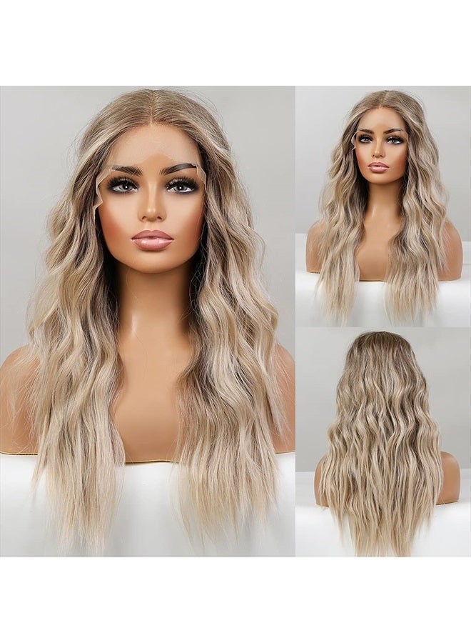 EMMOR Long Ombre Blonde Lace Front Wig for Women,25 Inch Natural Wavy Daily Hair Synthetic Lace Wigs Middle Part,Hand Tied/Longlife/Lightweight - Image 3