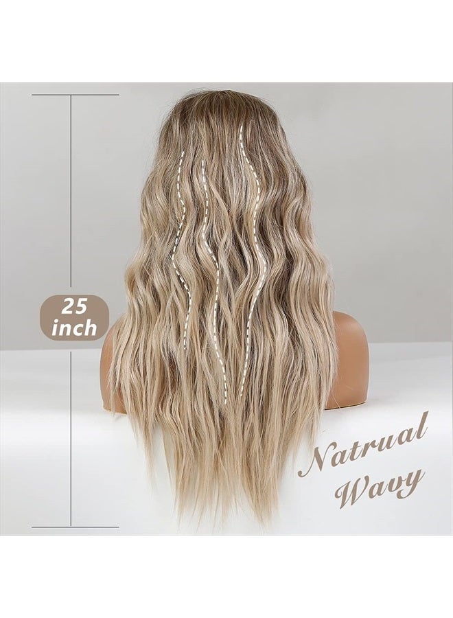 EMMOR Long Ombre Blonde Lace Front Wig for Women,25 Inch Natural Wavy Daily Hair Synthetic Lace Wigs Middle Part,Hand Tied/Longlife/Lightweight - Image 4