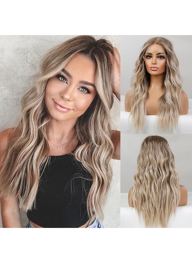 EMMOR Long Ombre Blonde Lace Front Wig for Women,25 Inch Natural Wavy Daily Hair Synthetic Lace Wigs Middle Part,Hand Tied/Longlife/Lightweight - Image 1