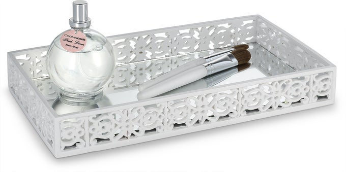 MIRROR JANETTE WHITE VANITY TRAY FOR BATHROOM SMALL RECTANGLE MAKEUP PERFUME TRAY FOR COUNTER AND DRESSER DECORATIVE TRAY WITH MIRROR DESIGN WHITE BATHROOM ACCESSORIES