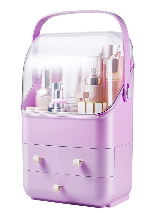 SUNFICON Preppy Skincare Organizers Makeup Organizer Holder Beauty Cosmetic Storage Box Large Display Case Dust Free Cover Portable Handle 2 Rroomy Drawers Gift Great For Bathroom Countertop Purple - Image 1