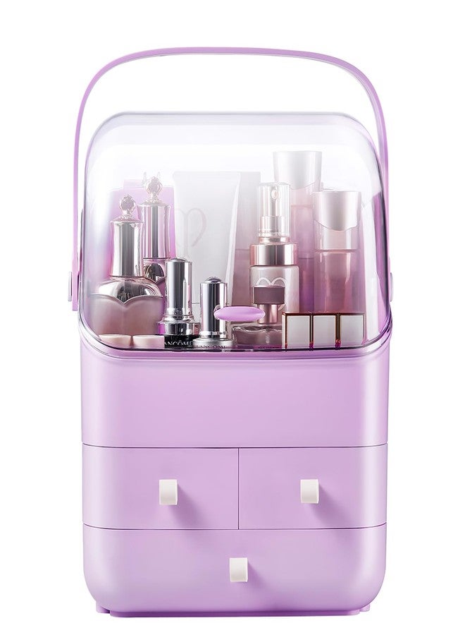 SUNFICON Preppy Skincare Organizers Makeup Organizer Holder Beauty Cosmetic Storage Box Large Display Case Dust Free Cover Portable Handle 2 Rroomy Drawers Gift Great For Bathroom Countertop Purple - Image 2