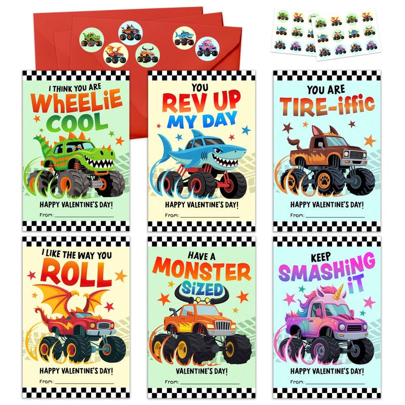 MAPDTWO 36 Packs Valentines Cards for Kids - Monster-style Trucks Valentines Day Card for Kids School Boys Classroom Party Favors - 3.2''x 4.7'' Exchange Monster Vehicle Cards & Stickers, Envelopes - Image 1