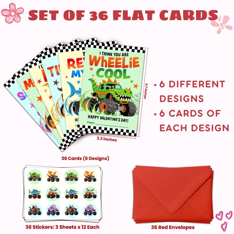 MAPDTWO 36 Packs Valentines Cards for Kids - Monster-style Trucks Valentines Day Card for Kids School Boys Classroom Party Favors - 3.2''x 4.7'' Exchange Monster Vehicle Cards & Stickers, Envelopes - Image 2