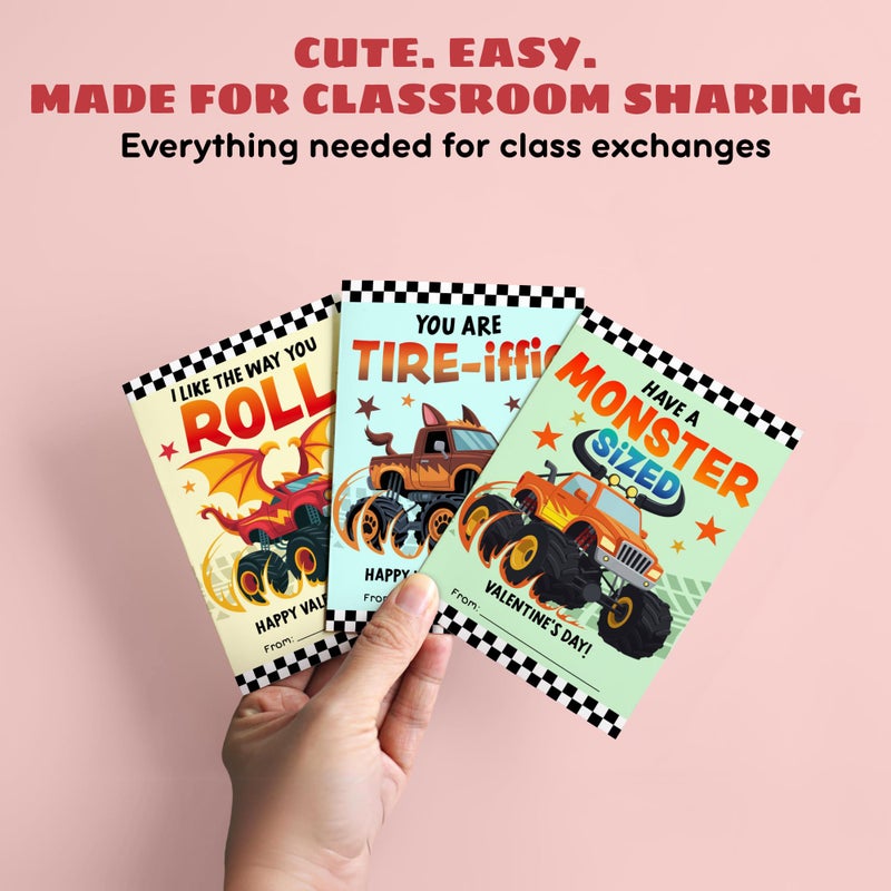 MAPDTWO 36 Packs Valentines Cards for Kids - Monster-style Trucks Valentines Day Card for Kids School Boys Classroom Party Favors - 3.2''x 4.7'' Exchange Monster Vehicle Cards & Stickers, Envelopes - Image 3