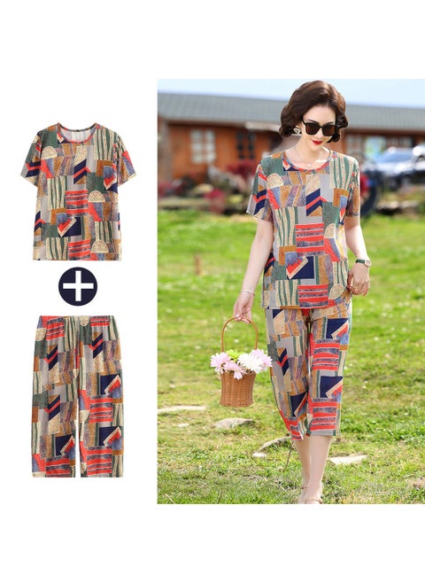 2024 Ice Silk Plus Size Womens Summer Two-Piece Set RED GREEN GEOMETRIC CHECK