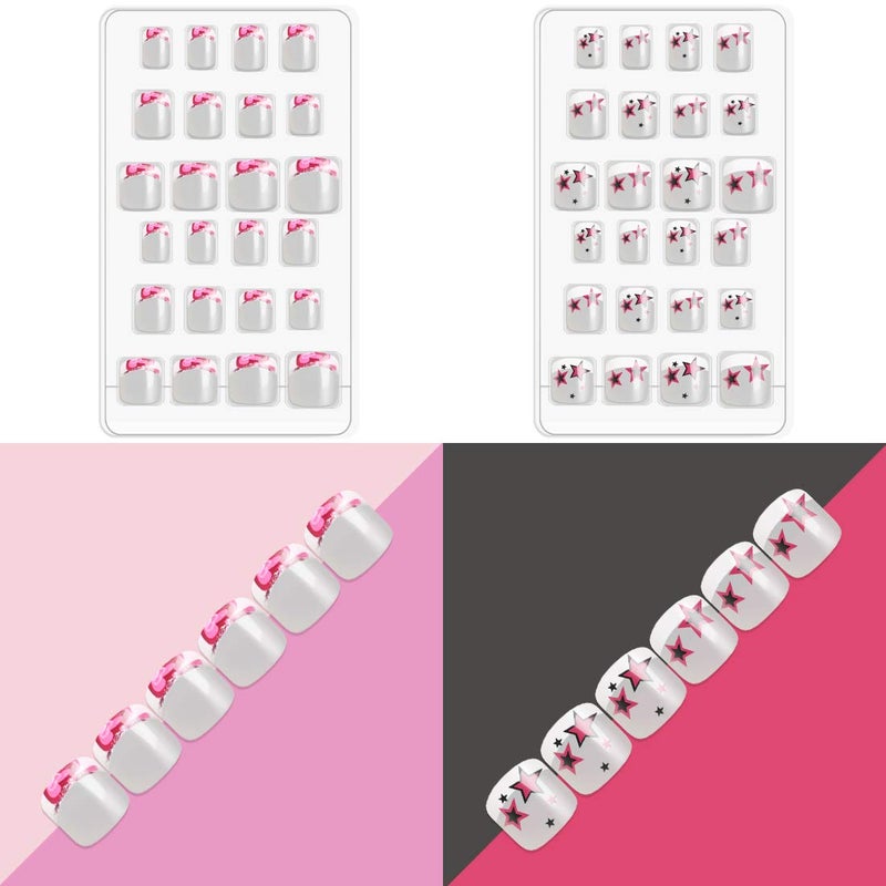 Allstarry 120pcs 5 pack French Children Nails Press on Pre-glue Full Cover Short French False Nail Kits Lovely Gift for Children Little Girls Nail Art Decoration (Flower Series) - Image 5