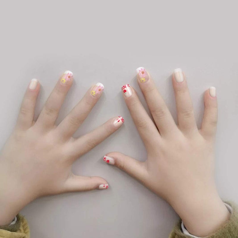 Allstarry 120pcs 5 pack French Children Nails Press on Pre-glue Full Cover Short French False Nail Kits Lovely Gift for Children Little Girls Nail Art Decoration (Flower Series) - Image 3