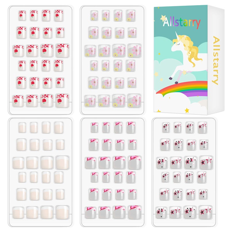 Allstarry 120pcs 5 pack French Children Nails Press on Pre-glue Full Cover Short French False Nail Kits Lovely Gift for Children Little Girls Nail Art Decoration (Flower Series) - Image 1