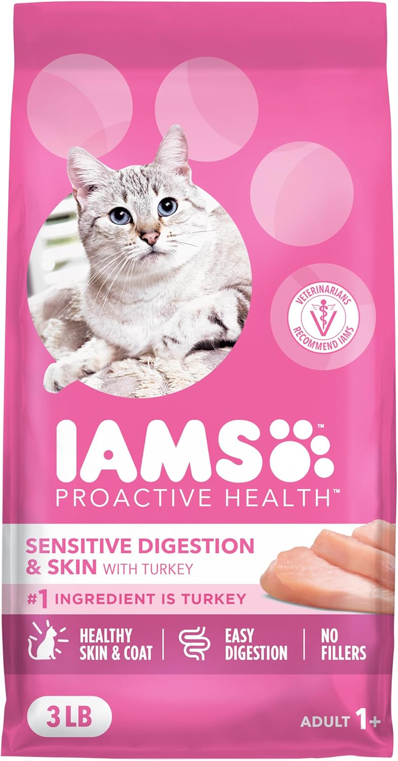 Iams طعام قطط بالغين حساس الهضم والجلد بروأكتيف هيلث مع ديك رومي حقيقي، 3 رطل. - Image 1