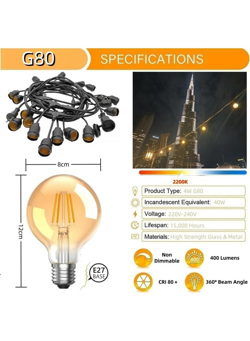 HUA QIANG WANG 33FT Outdoor String Lights, Electric Plug-In Festoon Lights 10 Meter 20Pcs G80 Globe LED Bulbs, Outdoor Waterproof Decorative Hanging Light String for Patio Garden Porch Yard - Image 2