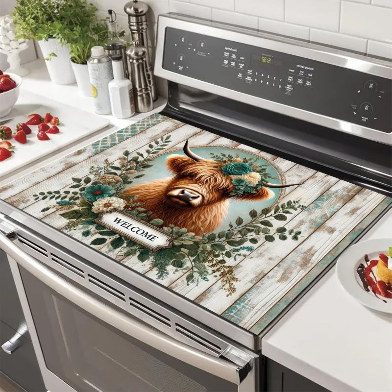 HOMETITUTE Stove Top Cover for Electric Diatomite Welcome Mat 28x20 Inch Highland Cow Kitchen Decor Farmhouse Countertop Protector Coffee Mat Heat Resistant Electric Stovetop Cover Pad - Image 1