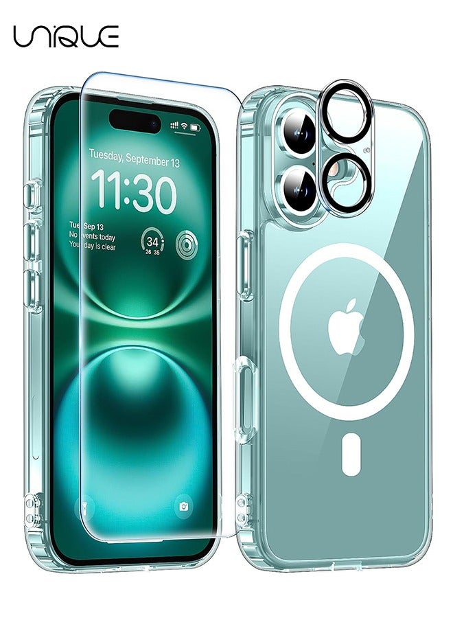 Unique 3 in 1 Magnetic Clear Case for iPhone 16, Tempered Screen Protector +Camera Lens Protector, Full-Body Protective Shockproof Slim Cover Compatible with MagSafe  - Image 1