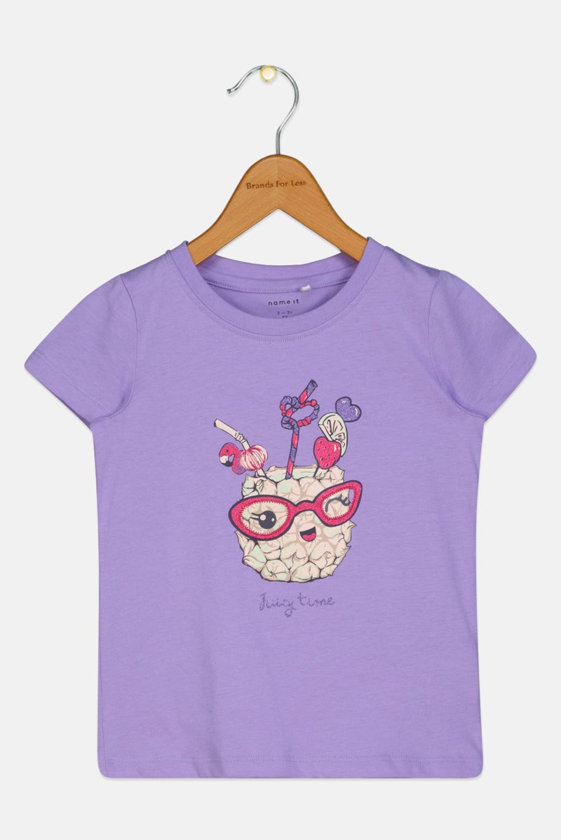 NAME IT تي شيرت قصير الأكمام لطيف للفتيات الصغيرات بطباعة جرافيك، لافندر - Image 1