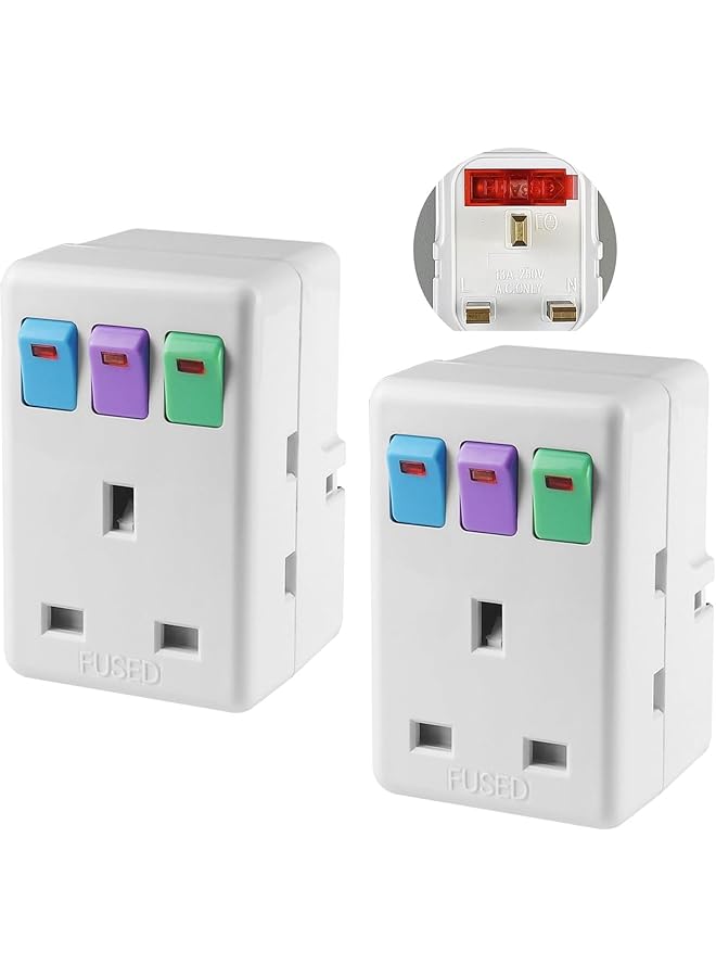 promass 3 Way Plug Adapter UK, Multi Plug Adaptor Extension Socket Plug with Switches, 3 Pin Switched Socket Adapter, Plug Extender for Home, Office, Kitchen, School (2 Pack) - Image 1