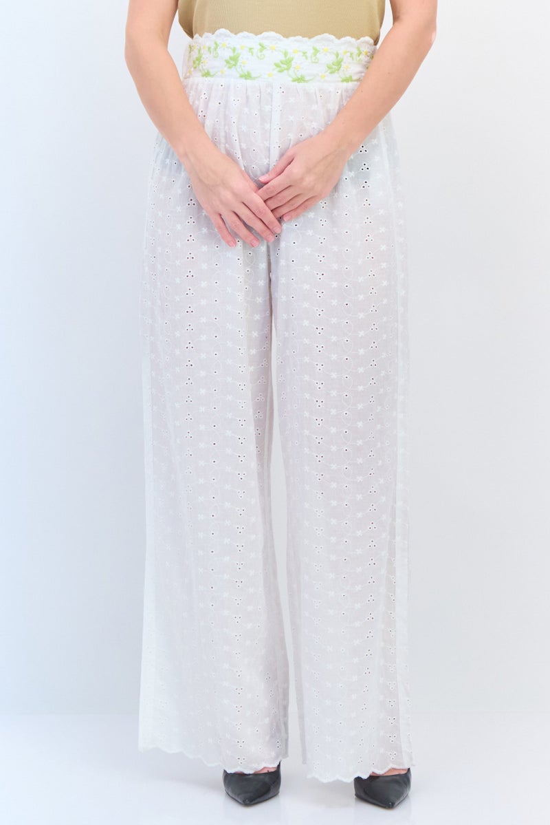 LOST INK Women Regular Fit Embroidered Pants, White Combo - Image 1