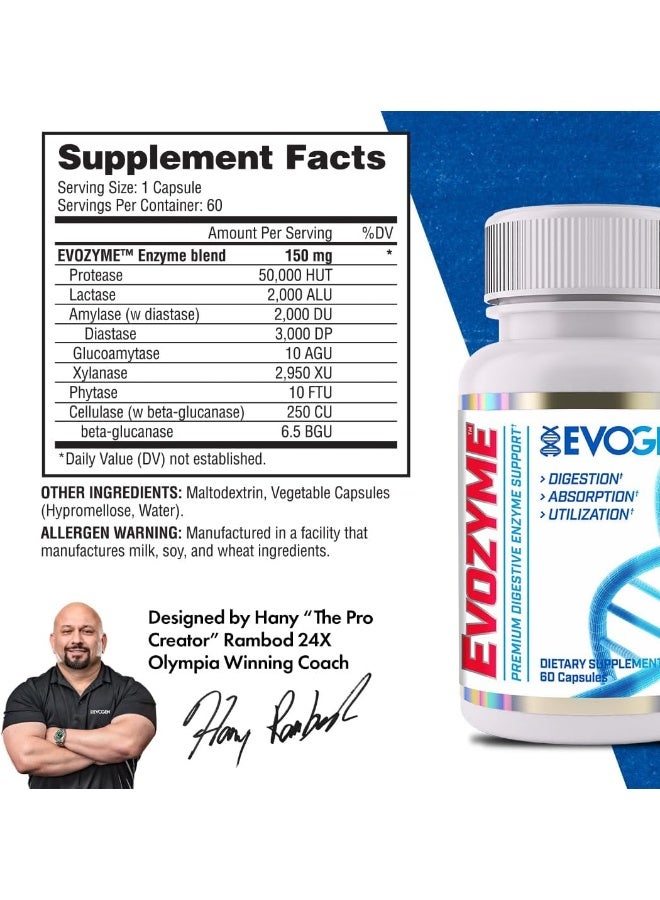 Evogen Nutrition إيفوزيم دعم إنزيم الهضم المتميز بروتياز لاكتاز قوة عالية استعادة 60 حصة - Image 2