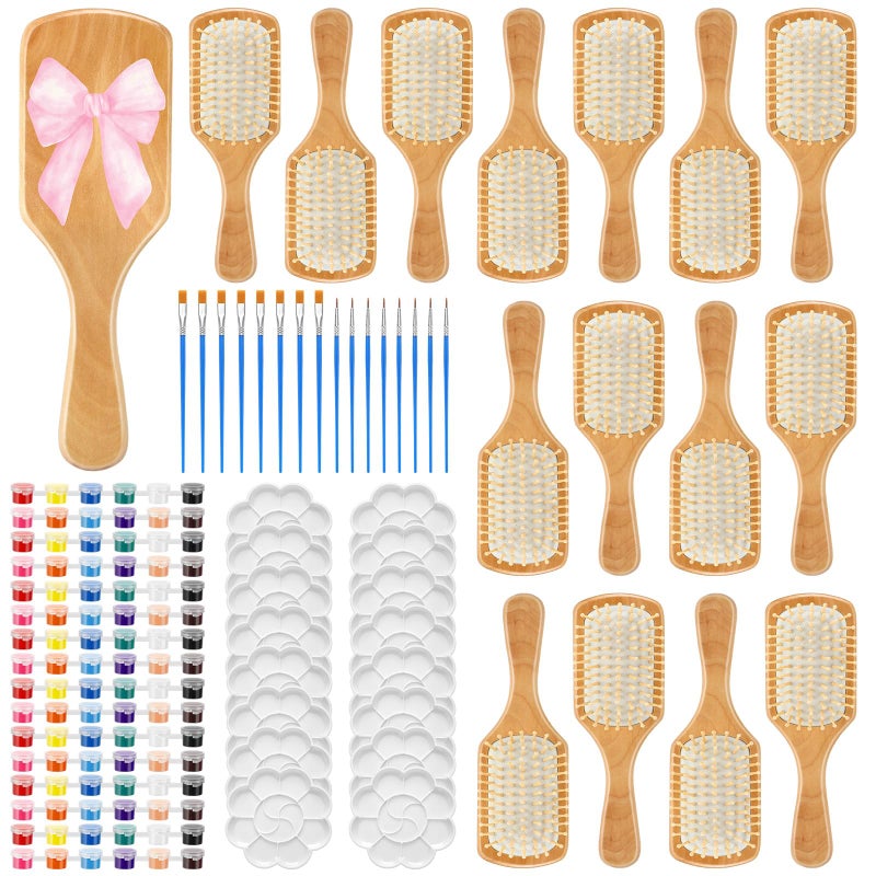 Meanplan 16 Set DIY Wooden Hairbrush Painting Kits Make Your Own Hair Brush Hand-Painted Hairbrush Night Party Supplies with Paint Brush and Palette for DIY Gift Party Crafts (Square) - Image 1